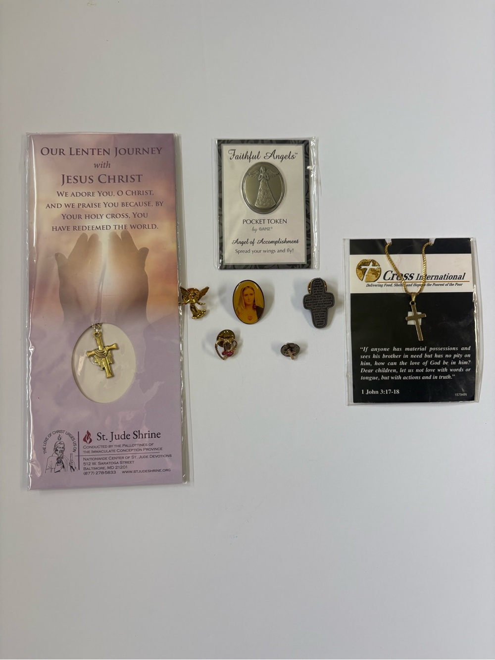 Christian Religious Lot: Cross Necklaces, Pins, Angel Token & Lenten Prayer Card